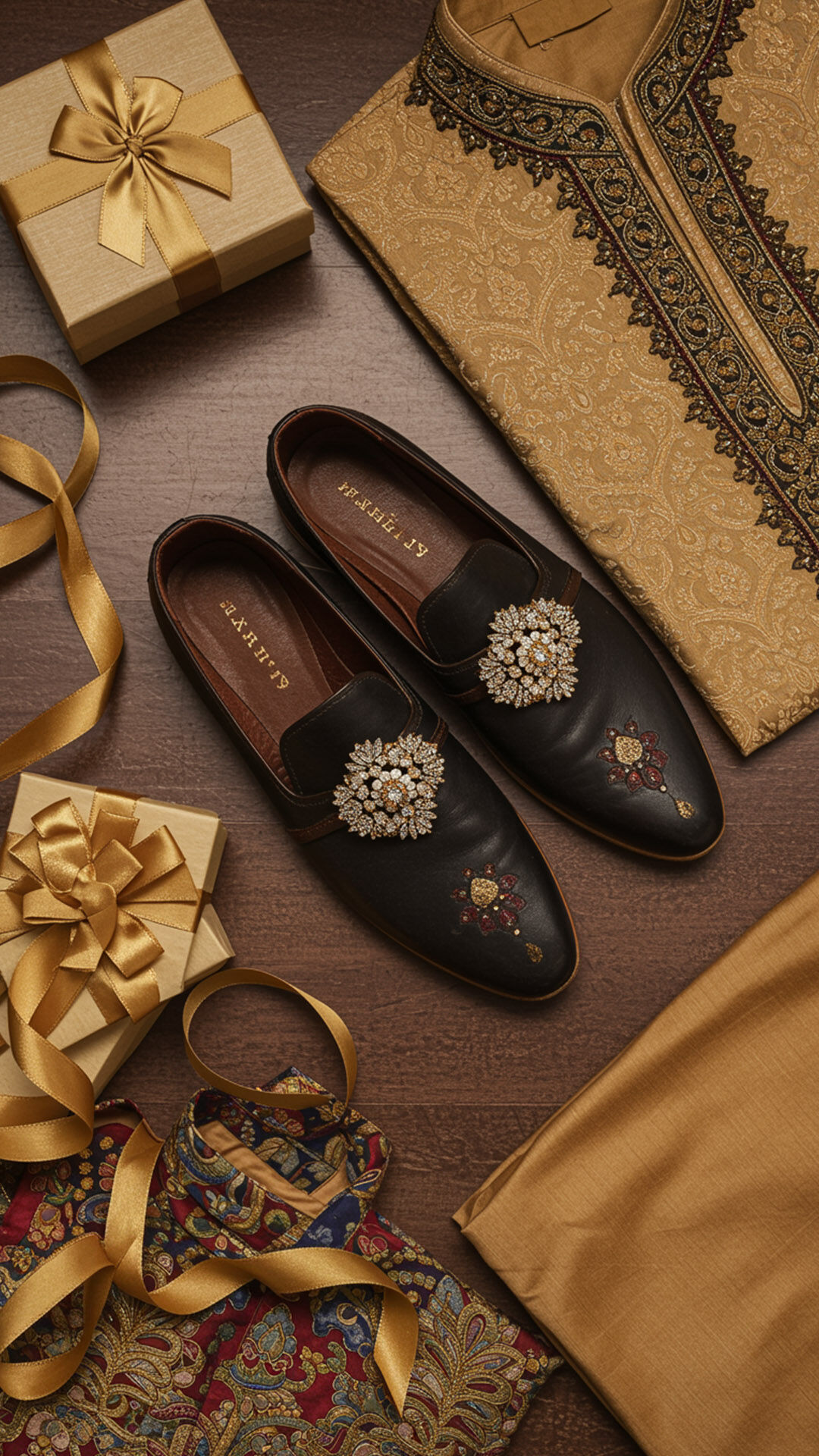 Stylish golden gift box alongside a regal golden sherwani and black juttis featuring diamond embellishments, a perfect blend of tradition and elegance